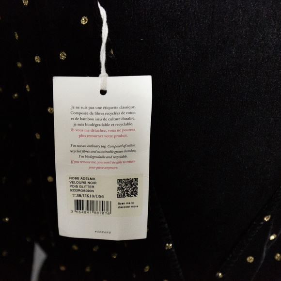 SEZANE Adelma Midi Dress in Black Velvet with Glitter Polka Dots - Size 6 - Picture 11 of 16